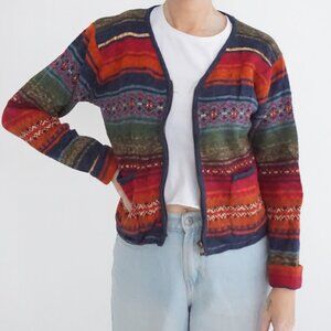 Vintage Dress Barn Multicolor Striped Fair Isle Zip Front Cardigan Sweater S